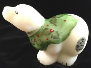 Fenton Art Glass Polar Bear Figurine Painted Holly Vest Necktie Label Signed 4 "