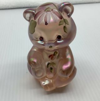 Fenton Glass Iridescent Pink Sitting Bear With Hand Painted Flowers 3 1/2 Inches