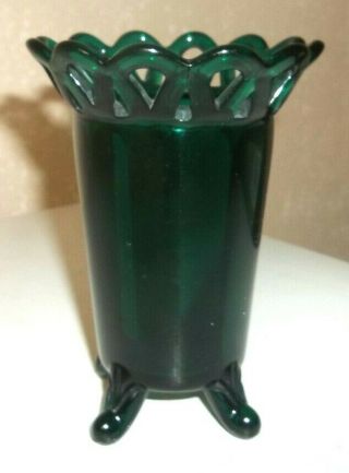 Vintage Emerald Green Glass Inner Ribbed 4 Footed Lace Rim Spooner