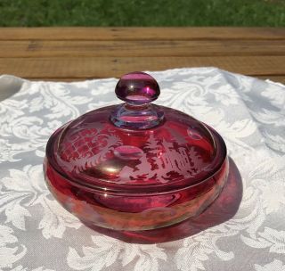 Vintage Red & Clear Glass Lidded Candy Dish W Design Vgc