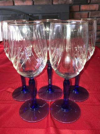 5 Lenox Crystal Cobalt Blue Stem Wine Water Glass Swag Draped Goblet Gold Rim 8 "