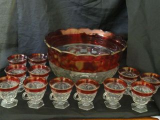 Vintage Indiana Glass Lexington Flash Cranberry Punch Bowl Set W/12 Footed Cups
