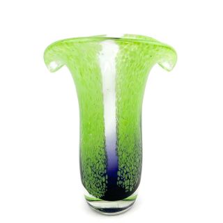 Vtg Studio Art Glass Hand Blown Blue Chartreuse Green Vase Curved Edge