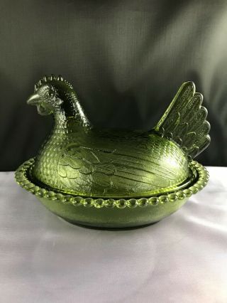 Vintage Indiana Olive Green Glass Hen On A Nest Dish With Lid - Beaded Base