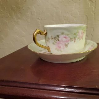 Antique Haviland Porcelain Cup & Saucer Drop Pink Roses Gilt Trim