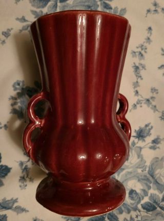 Vintage Mccoy Double Handled Vase In Burgundy 6 " Tall