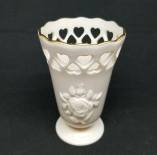 Vintage Lenox 4 " Bud Vase W/ Embossed Roses & Cut Out Hearts Ivory W/ Gold Trim