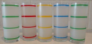 Vintage Mid Century Frosted Drinking Glasses Multi Color Stripes (set Of 5) 10oz