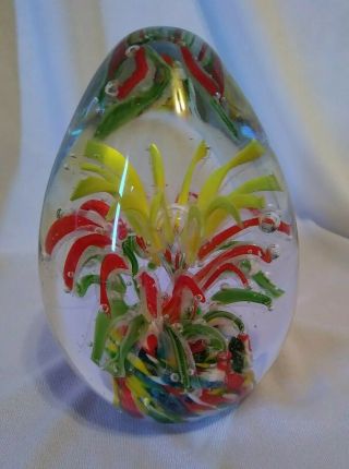 Vtg Murano? Red Yellow And Green Floral Cone Egg - Shaped Art Glass Paperweight