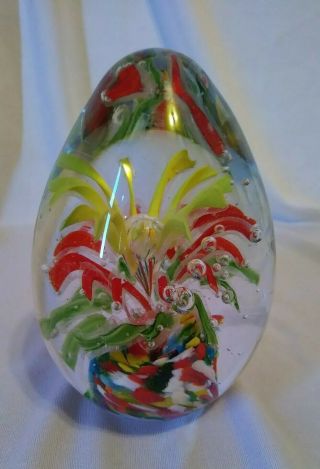 Vtg Murano? Red Yellow And Green Floral Cone Egg - Shaped Art Glass Paperweight 2