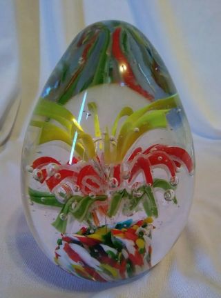 Vtg Murano? Red Yellow And Green Floral Cone Egg - Shaped Art Glass Paperweight 3