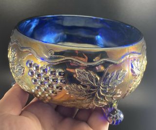 Vintage Fenton Art Glass Cobalt Blue Carnival Grape Pattern 3 Footed Bowl