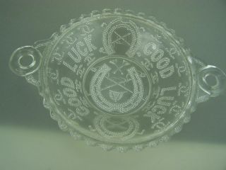 Antique C1900 Davidson English Pressed Glass Handled Bowl " Good Luck "