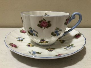 Vintage Shelley England Tea Cup Saucer Pansies Roses Flowers Blue Handle