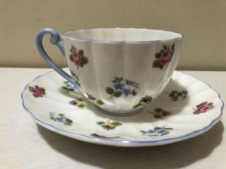 Vintage Shelley England Tea Cup Saucer Pansies Roses Flowers Blue Handle 2