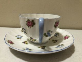 Vintage Shelley England Tea Cup Saucer Pansies Roses Flowers Blue Handle 3