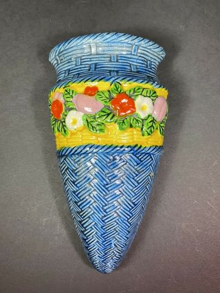 Vintage Wall Pocket Blue Flowers Basket Weave Floral Japan Colorful Planter Vase