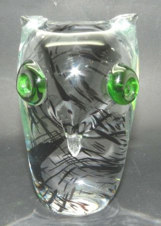 Sweden Clear Art Glass Black Striped Green Owl Hand Made Paperweight Figurine 4 "