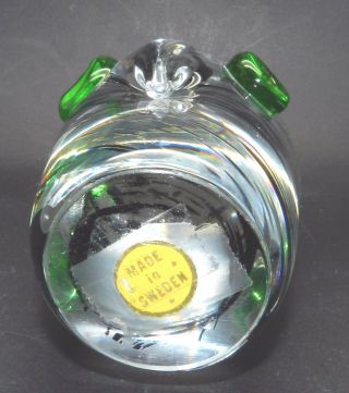 SWEDEN CLEAR ART GLASS BLACK STRIPED GREEN OWL HAND MADE PAPERWEIGHT FIGURINE 4 