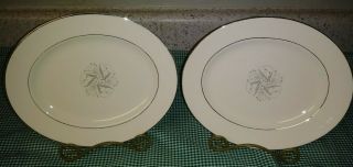 2 Homer Laughlin B1447 Celeste 9 " Oval Platters Blue Buds Gray Leaves Platinum