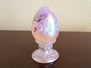 Fenton Art Glass Pink Hand Painted Floral Iridescent Pedestal Egg On Stand