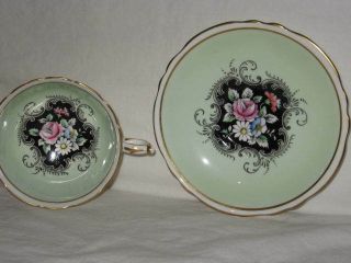 Vintage Paragon Cup & Saucer Light Green With Floral Bouquet On Black