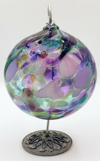 Vtg Estate Signed Hallmark Blown Art Glass Purple Blue Green Hanging Ball 3