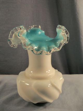 Fenton Milk Glass Silver Jamestown Blue Wave Crest Vase 6 1/2 " Tall
