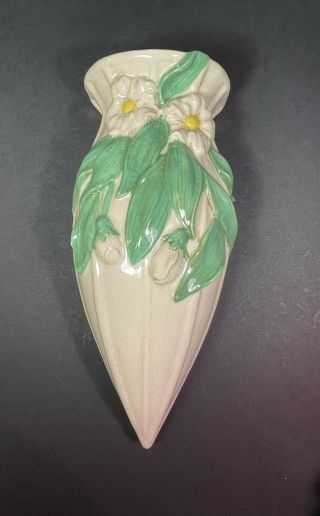 Vintage Wall Pocket Art Nouveau Floral Green Cream Planter Vase