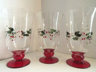 Set 3 Pfaltzgraff Winterberry Water Goblets Red Base Etched Holly Berry Ch437