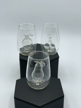 Vintage Set Of 3 Unique Crystal Hand Blown 3 - D Fruit Cordial Glasses