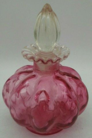 Fenton Cranberry Diamond Optic Melon Ribbed Vanity Glass Perfume Bottle Vintage