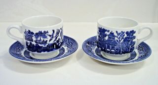 Vintage Churchill Staffordshire England Blue Willow Cups And Saucers Set Of Two