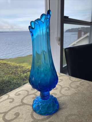 L E Smith Blue Moon And Stars Glass Vase - Retro Mid Century 60s Decor 12 "