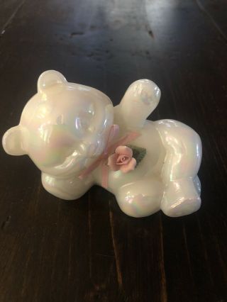 Vintage Fenton Glass White Opalescent Iridescent Bear Figurine Pink Flower