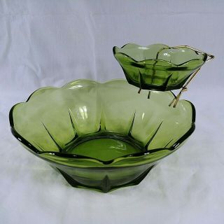 Vintage Chip And Dip Set With Holder Green Glass Retro Snacks Farmhouse Chic