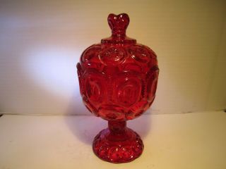 Vtg L.  E.  Smith Ruby Red Moon & Stars Pattern 8 " Tall Candy Jar With Lid Set