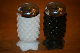 Vintage Fenton Hobnail Black & White Milk Glass Salt & Pepper Shakers Set