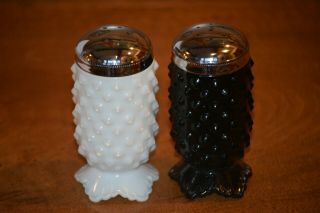 Vintage Fenton Hobnail Black & White Milk Glass SALT & PEPPER SHAKERS Set 2
