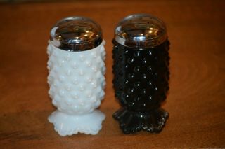 Vintage Fenton Hobnail Black & White Milk Glass SALT & PEPPER SHAKERS Set 3