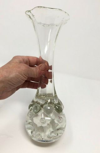 Joe Rice Vtg Art Glass Paperweight Bud Vase Clear W/ White Flowers & Bubbles 10 "