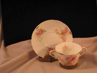 Double Handled Pink Flowers Clear Soup Bowl & Saucer By George Borgfeldt Coronet