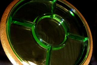 Stunning Green Uranium Depression Glass Divided Plate W/ Gold Rim - - 10 "