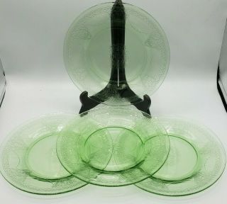 4 Salad Plates 8 1/4 " Federal Glass Georgian Love Birds Green Depression Uranium
