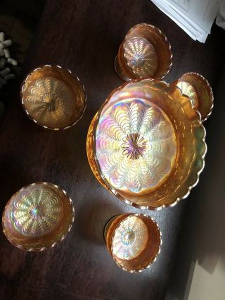 Antique Dugan Carnival Glass 6 - Piece Maple Leaf Berry Set