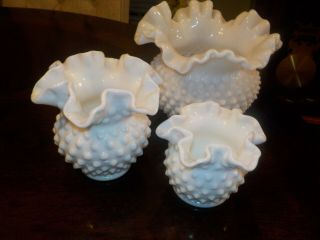 Fenton Hobnail White Milk Glass 3 Footed Fat Vases.
