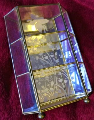 Vintage Mirrored Butterfly Etched Glass Brass Display Jewellery Curio Cabinet