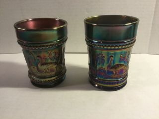 Two Vintage Northwood Peacock At The Fountain Tumblers,  One Blue & One Amethyst