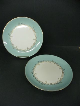 2 Lifetime China Co Semi - Vitreous Gold Crown Dinner Plates W/ Blue & Gold
