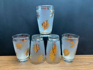Set Of 5 Vintage Libbey Frosted Gold Leaf Water Glasses Tumblers 5 1/4 " Tall